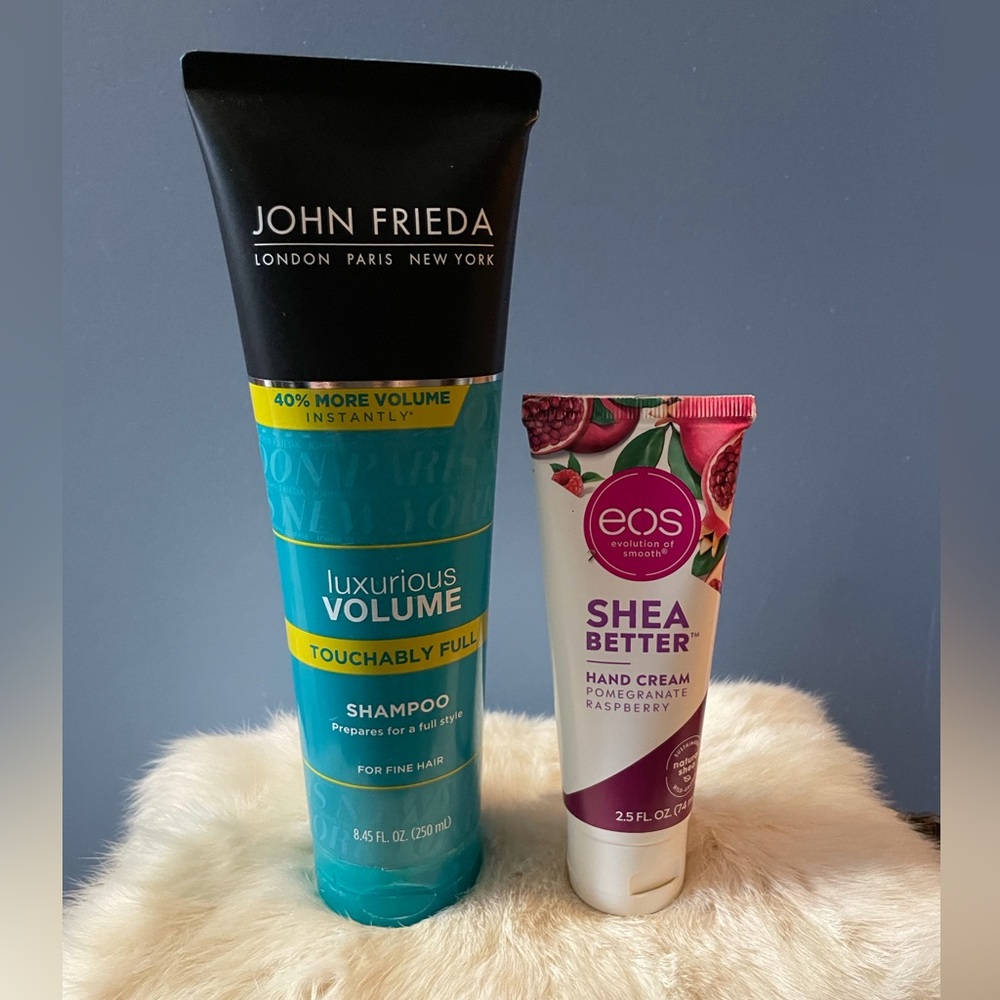 John Frieda Shampoo + eos Hand Cream